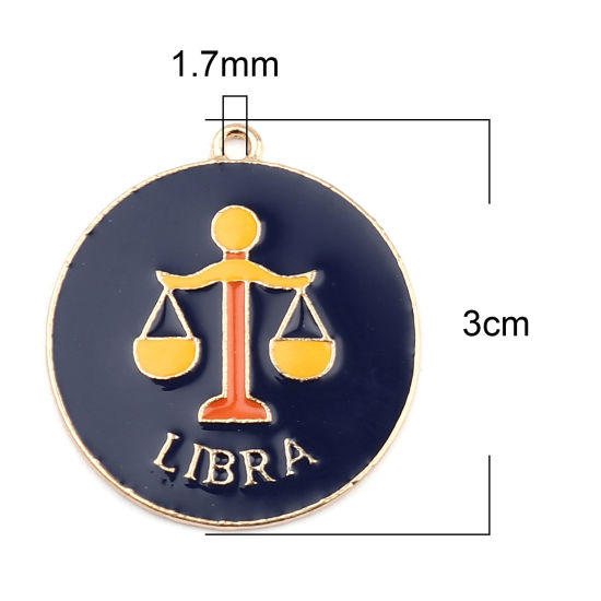 Immagine di Lega di Zinco Ciondoli Tondo Oro Placcato Blu Scuro Costellazione Libra Smalto 30mm x 27mm , 5 Pz