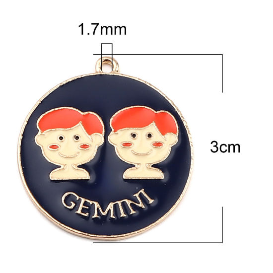 Immagine di Lega di Zinco Ciondoli Tondo Oro Placcato Blu Scuro Costellazione Gemelli Smalto 30mm x 27mm , 5 Pz