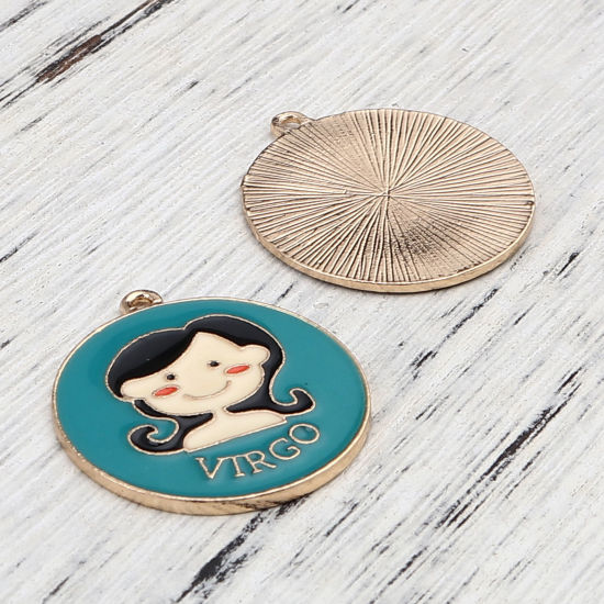 Immagine di Lega di Zinco Ciondoli Tondo Oro Placcato Blu Costellazione Vergine Smalto 30mm x 27mm , 5 Pz