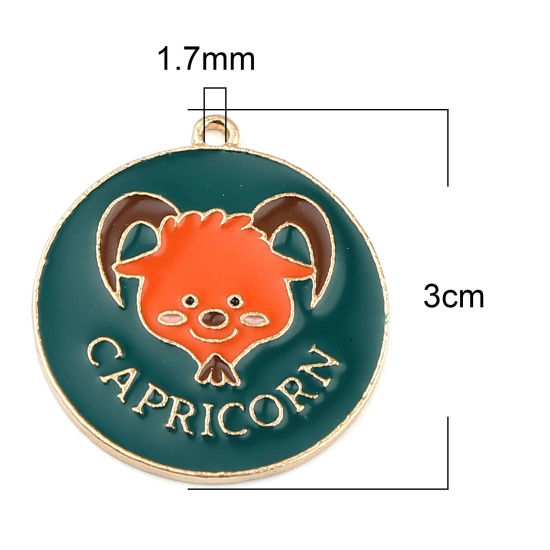 Immagine di Lega di Zinco Ciondoli Tondo Oro Placcato Verde & Arancione Costellazione Capricorno Smalto 30mm x 27mm , 5 Pz