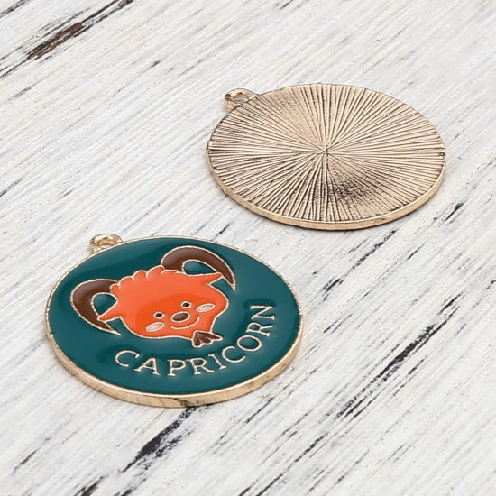 Immagine di Lega di Zinco Ciondoli Tondo Oro Placcato Verde & Arancione Costellazione Capricorno Smalto 30mm x 27mm , 5 Pz