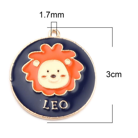 Immagine di Lega di Zinco Ciondoli Tondo Oro Placcato Blu & Arancione Costellazione Leone Smalto 30mm x 27mm , 5 Pz