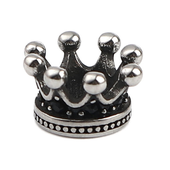 Image de Perles en Acier Inoxydable Couronne Argent Vieilli à Strass Noir 12mm x 7mm, Trou: env. 6.1mm, 1 Pièce