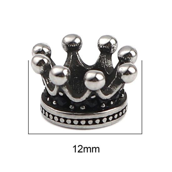 Image de Perles en Acier Inoxydable Couronne Argent Vieilli à Strass Noir 12mm x 7mm, Trou: env. 6.1mm, 1 Pièce