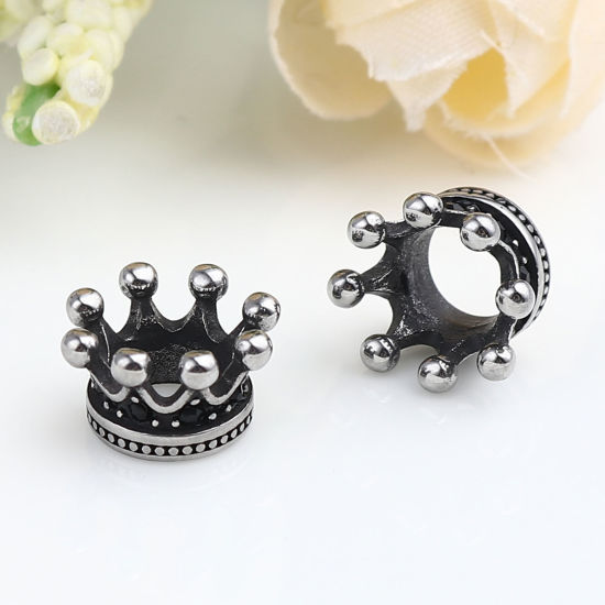 Image de Perles en Acier Inoxydable Couronne Argent Vieilli à Strass Noir 12mm x 7mm, Trou: env. 6.1mm, 1 Pièce