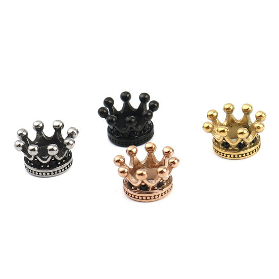 Image de Perles en Acier Inoxydable Couronne Argent Vieilli à Strass Noir 12mm x 7mm, Trou: env. 6.1mm, 1 Pièce