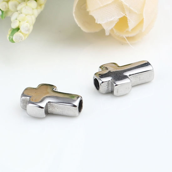 Image de Perles Religieux en Acier Inoxydable Croix Argent Mat 14mm x 10mm, Trou: env. 2.7mm, 1 Pièce