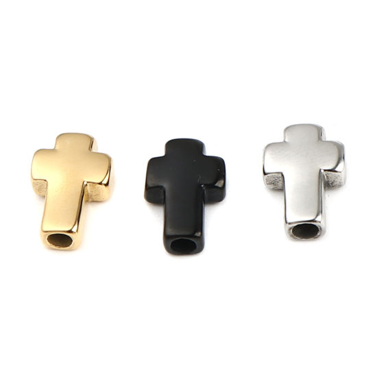 Image de 1 Pièce Perles pour DIY Fabrication de Bijoux Religieux en Acier Inoxydable Revêtement sous Vide PVD Respectueux de l'Environnement Noir Croix 14mm x 10mm, Trou: env. 2.7mm