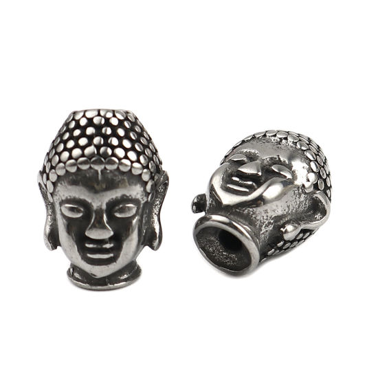 Image de Perles Religieux en Acier Inoxydable Bouddha Argent Vieilli 14mm x 10mm, Trou: env. 2.9mm, 1 Pièce