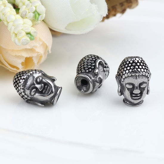 Image de Perles Religieux en Acier Inoxydable Bouddha Argent Vieilli 14mm x 10mm, Trou: env. 2.9mm, 1 Pièce