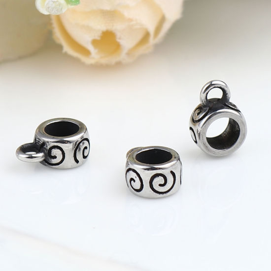 Picture of Stainless Steel Bail Beads Cylinder Antique Silver Color Swirl 9mm x 7mm, Hole: Approx 4mm 1.8mm, 1 Piece