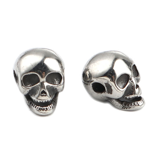 Image de Perles Halloween en Acier Inoxydable Tête de Mort Argent Vieilli 12mm x 9mm, Trou: env. 2.1mm, 1 Pièce