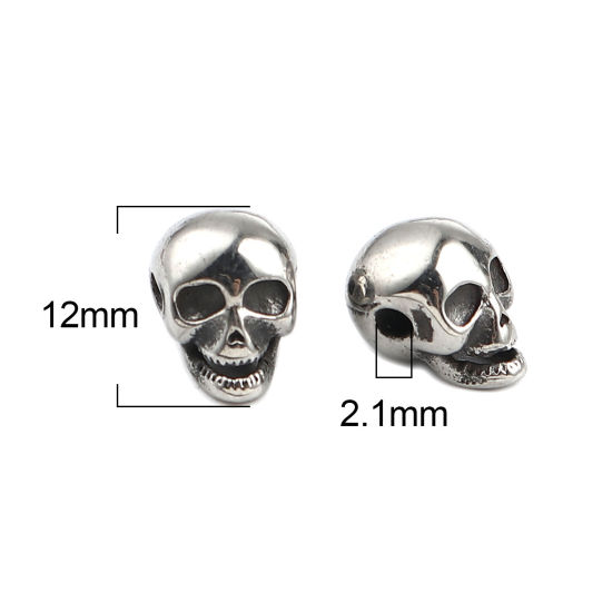 Image de Perles Halloween en Acier Inoxydable Tête de Mort Argent Vieilli 12mm x 9mm, Trou: env. 2.1mm, 1 Pièce