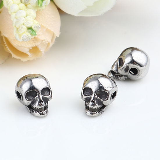 Image de Perles Halloween en Acier Inoxydable Tête de Mort Argent Vieilli 12mm x 9mm, Trou: env. 2.1mm, 1 Pièce