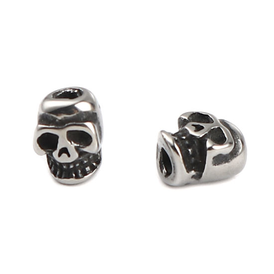 Image de Perles Halloween en Acier Inoxydable Tête de Mort Argent Vieilli 7mm x 6mm, Trou: env. 1.6mm, 1 Pièce