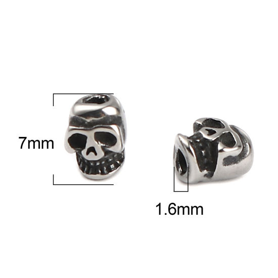 Image de Perles Halloween en Acier Inoxydable Tête de Mort Argent Vieilli 7mm x 6mm, Trou: env. 1.6mm, 1 Pièce