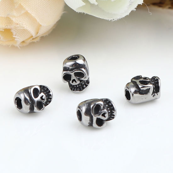 Image de Perles Halloween en Acier Inoxydable Tête de Mort Argent Vieilli 7mm x 6mm, Trou: env. 1.6mm, 1 Pièce