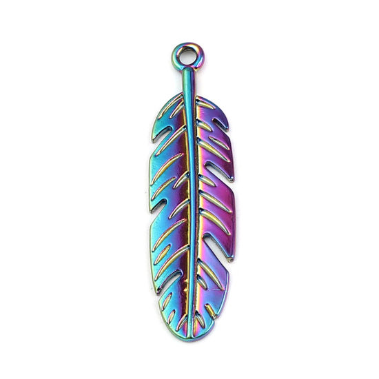 Bild von Zinklegierung Anhänger Feder Regenbogenfarbe Plattiert 50mm x 13mm, 5 Stück