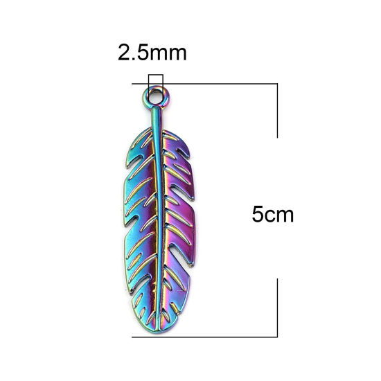 Bild von Zinklegierung Anhänger Feder Regenbogenfarbe Plattiert 50mm x 13mm, 5 Stück