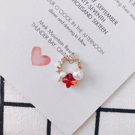 Image de Breloques Insecte en Alliage de Zinc+Acrylique Annulaire Blanc Papillons à Strass Rouge Imitation Perles 23mm x 18mm, 2 Pcs