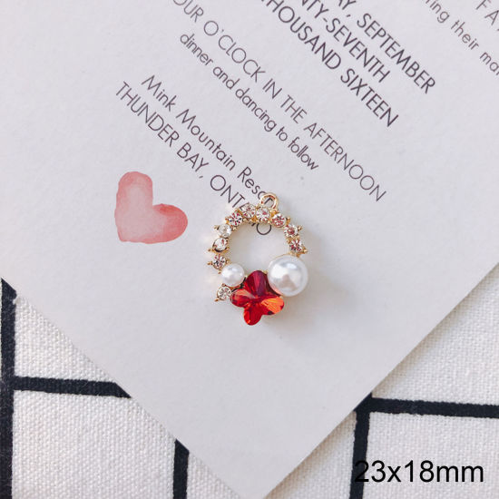 Image de Breloques Insecte en Alliage de Zinc+Acrylique Annulaire Blanc Papillons à Strass Rouge Imitation Perles 23mm x 18mm, 2 Pcs