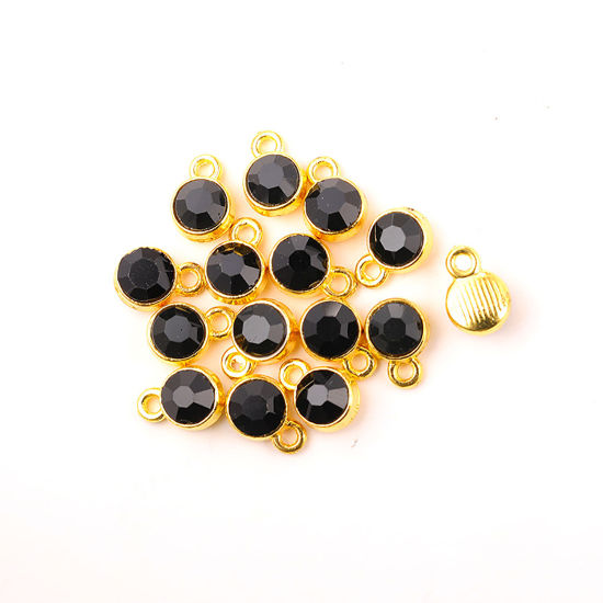 Image de Breloques Pierres de Naissance en Alliage de zinc+Verre Rond Doré Noir 10mm x 7mm, 20 Pcs