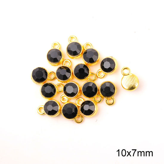Image de Breloques Pierres de Naissance en Alliage de zinc+Verre Rond Doré Noir 10mm x 7mm, 20 Pcs
