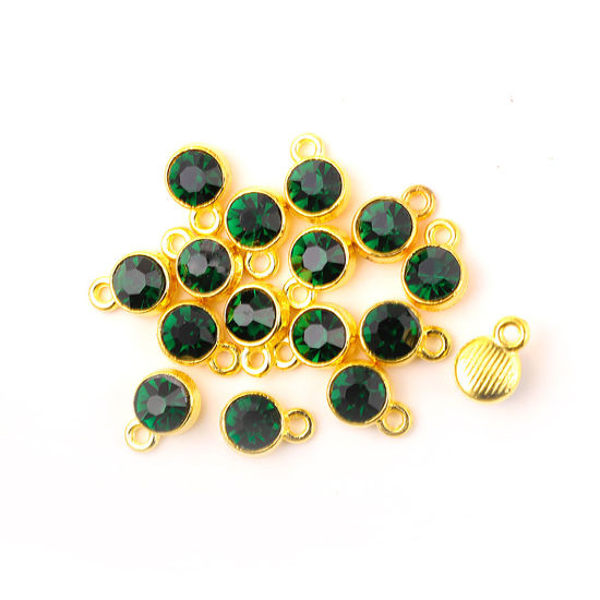 Image de Breloques Pierres de Naissance en Alliage de zinc+Verre Rond Doré Vert Foncé mai 10mm x 7mm, 20 Pcs