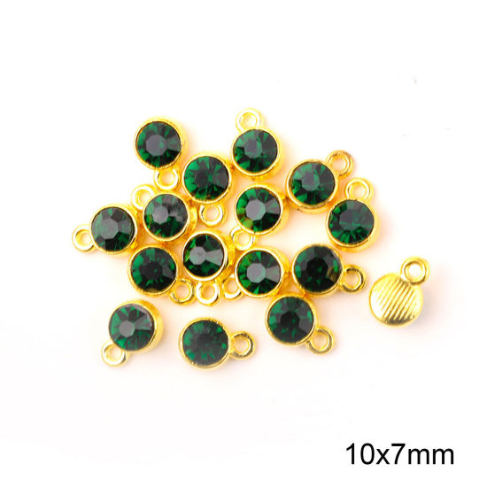 Image de Breloques Pierres de Naissance en Alliage de zinc+Verre Rond Doré Vert Foncé mai 10mm x 7mm, 20 Pcs