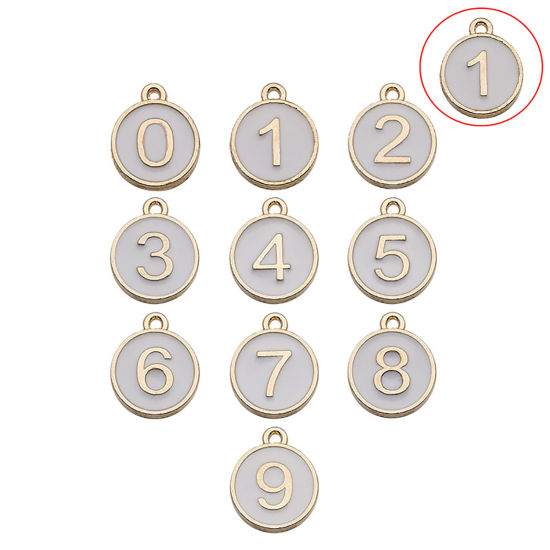 Image de Breloques en Alliage de Zinc Rond Doré Blanc Chiffres Message" 1 " Émail 14mm x 12mm, 10 Pcs