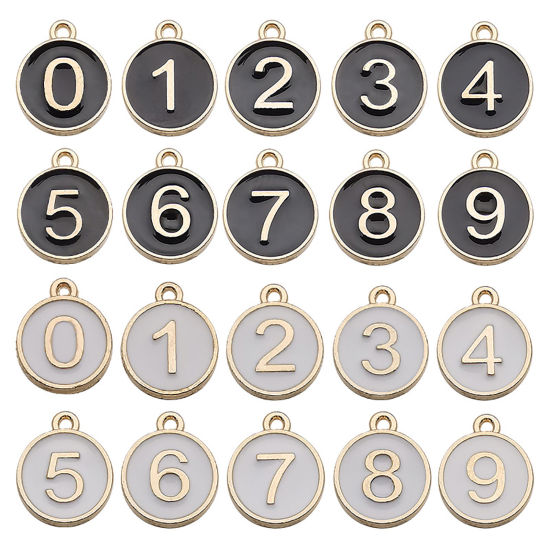 Image de Breloques en Alliage de Zinc Rond Doré Blanc Chiffres Message" 1 " Émail 14mm x 12mm, 10 Pcs