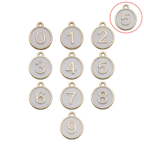 Image de Breloques en Alliage de Zinc Rond Doré Blanc Chiffres Message" 5 " Émail 14mm x 12mm, 10 Pcs
