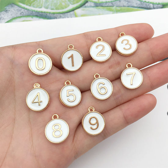 Image de Breloques en Alliage de Zinc Rond Doré Blanc Chiffres Message" 5 " Émail 14mm x 12mm, 10 Pcs