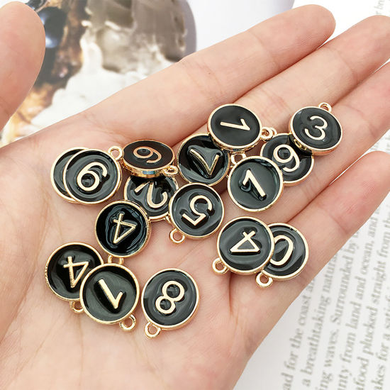 Image de Breloques en Alliage de Zinc Rond Doré Noir Chiffres Message" 7 " Émail 14mm x 12mm, 10 Pcs
