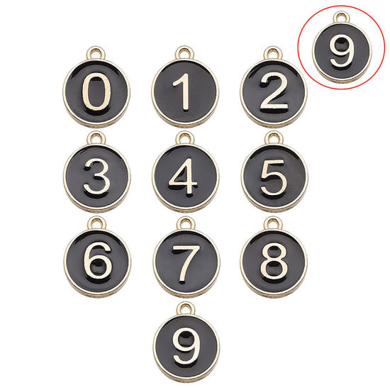 Image de Breloques en Alliage de Zinc Rond Doré Noir Chiffres Message" 9 " Émail 14mm x 12mm, 10 Pcs