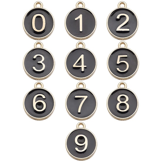 Image de Breloques en Alliage de Zinc Rond Doré Noir Chiffres Émail 14mm x 12mm, 1 Kit ( 10 Pcs/Kit)