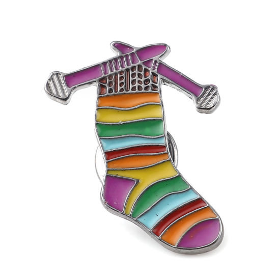 Image de Broche Epingle Forme Chaussettes Gun Métal Multicolore Émail 29mm x 23mm, 2 Pcs