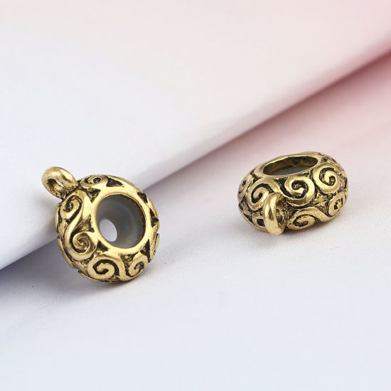 亜鉛合金 ヨーロッパ風 ブレスストッパー ビーズ ゴムビーズ 円形 金古美 14mm x 11mm、 10 個 の画像