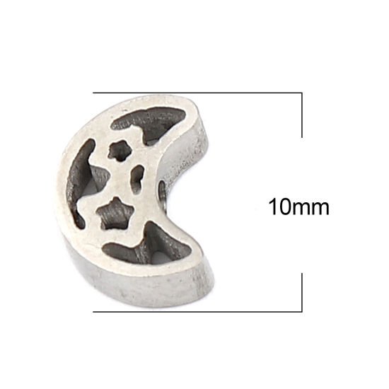 Image de Perles Galaxie en 304 Acier Inoxydable Demi Lune Argent Mat Etoile 10mm x 7mm, Trou: env. 1.9mm, 3 Pcs