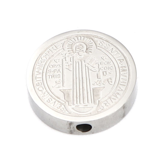 Image de Perles Religieux en 304 Acier Inoxydable Plat-Rond Argent Mat Jésus env. 15mm Dia., Trou: env. 2mm, 2 Pcs