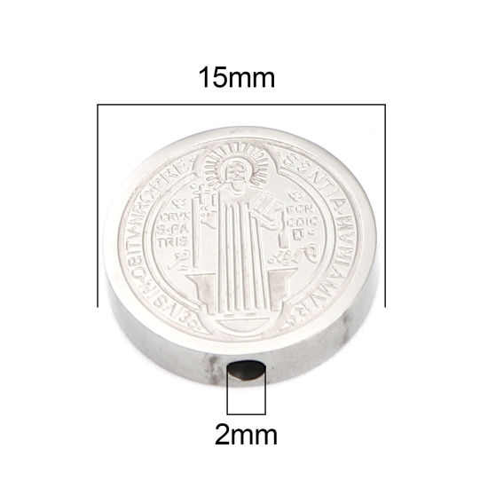 Image de Perles Religieux en 304 Acier Inoxydable Plat-Rond Argent Mat Jésus env. 15mm Dia., Trou: env. 2mm, 2 Pcs
