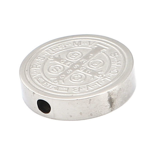 Image de Perles Religieux en 304 Acier Inoxydable Plat-Rond Argent Mat Jésus env. 15mm Dia., Trou: env. 2mm, 2 Pcs