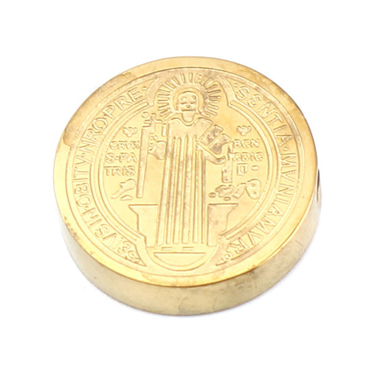Image de Perles Religieux en 304 Acier Inoxydable Plat-Rond Doré Jésus env. 15mm Dia., Trou: env. 2mm, 2 Pcs