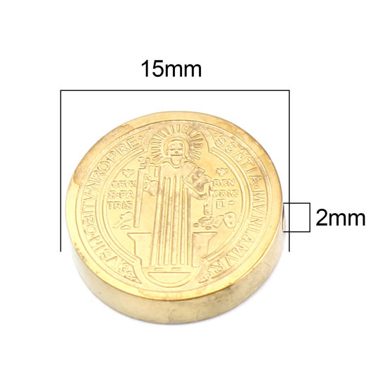 Image de Perles Religieux en 304 Acier Inoxydable Plat-Rond Doré Jésus env. 15mm Dia., Trou: env. 2mm, 2 Pcs
