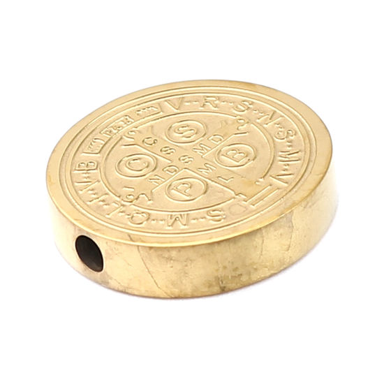 Image de Perles Religieux en 304 Acier Inoxydable Plat-Rond Doré Jésus env. 15mm Dia., Trou: env. 2mm, 2 Pcs