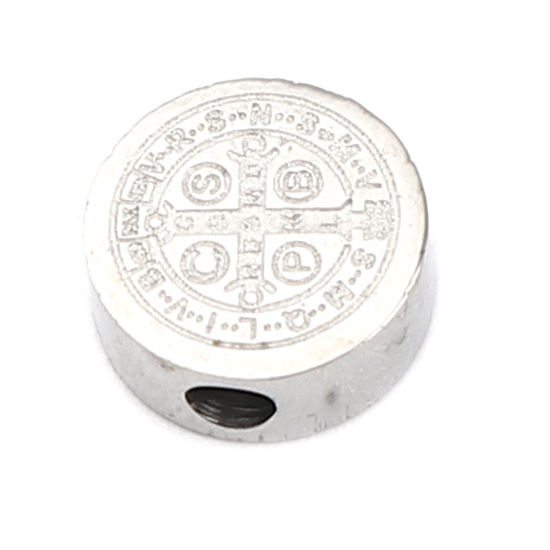 Image de Perles Religieux en 304 Acier Inoxydable Plat-Rond Argent Mat Jésus env. 8mm Dia., Trou: env. 2mm, 2 Pcs