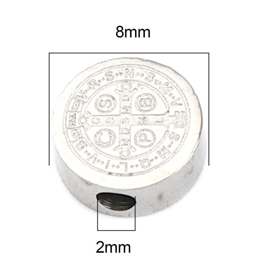 Image de Perles Religieux en 304 Acier Inoxydable Plat-Rond Argent Mat Jésus env. 8mm Dia., Trou: env. 2mm, 2 Pcs
