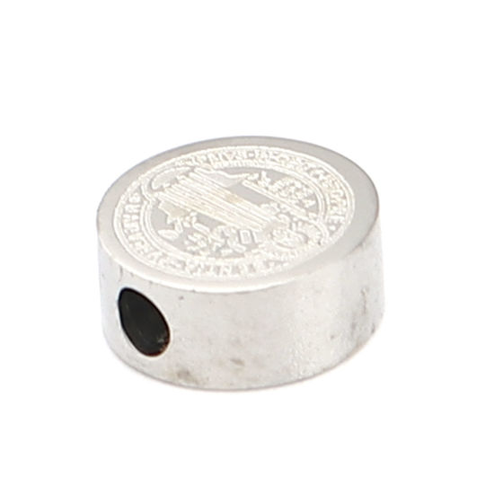 Image de Perles Religieux en 304 Acier Inoxydable Plat-Rond Argent Mat Jésus env. 8mm Dia., Trou: env. 2mm, 2 Pcs
