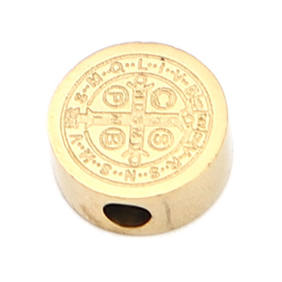 Image de Perles Religieux en 304 Acier Inoxydable Plat-Rond Doré Jésus env. 8mm Dia., Trou: env. 2mm, 2 Pcs