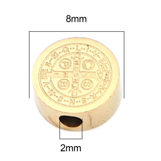 Image de Perles Religieux en 304 Acier Inoxydable Plat-Rond Doré Jésus env. 8mm Dia., Trou: env. 2mm, 2 Pcs